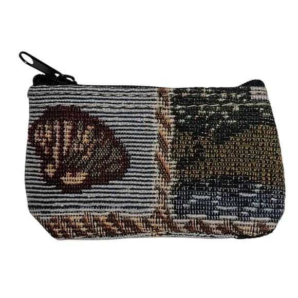VTG 90s Tapestry Coin Purse Lighthouse Shell Seashell Nautical 2x4 Zipper Wallet - Picture 1 of 3